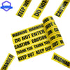 Roll of yellow industrial safety warning tape with various warnings like KEEP OUT DO NOT ENTER and CAUTION