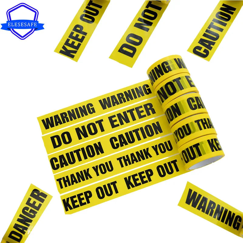 Roll of yellow industrial safety warning tape with various warnings like KEEP OUT DO NOT ENTER and CAUTION