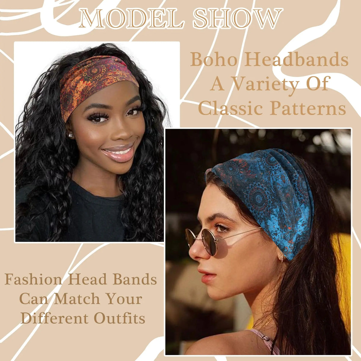 A model wearing a blue patterned boho headband, showcasing classic patterns for fashion outfits.