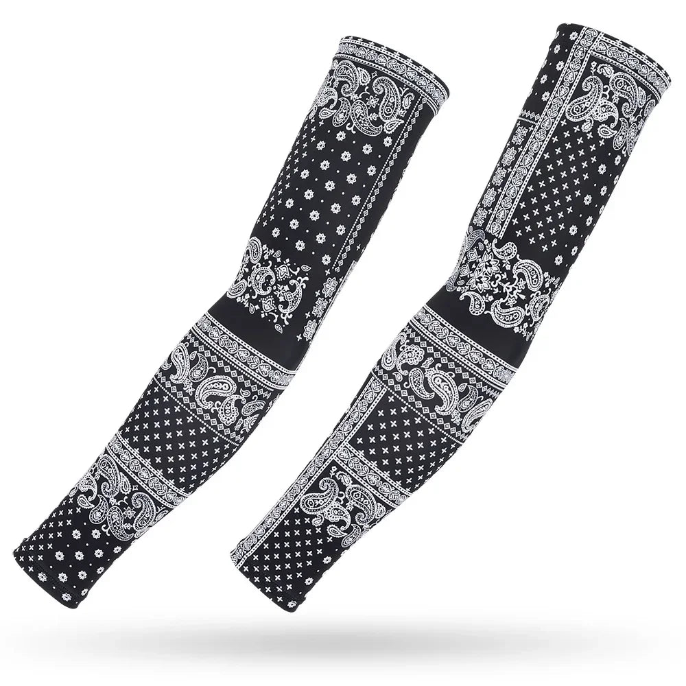 Black ice silk arm sleeves featuring intricate white paisley and floral patterns