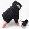 Black half finger wrist guards with blue accents for sports and fitness