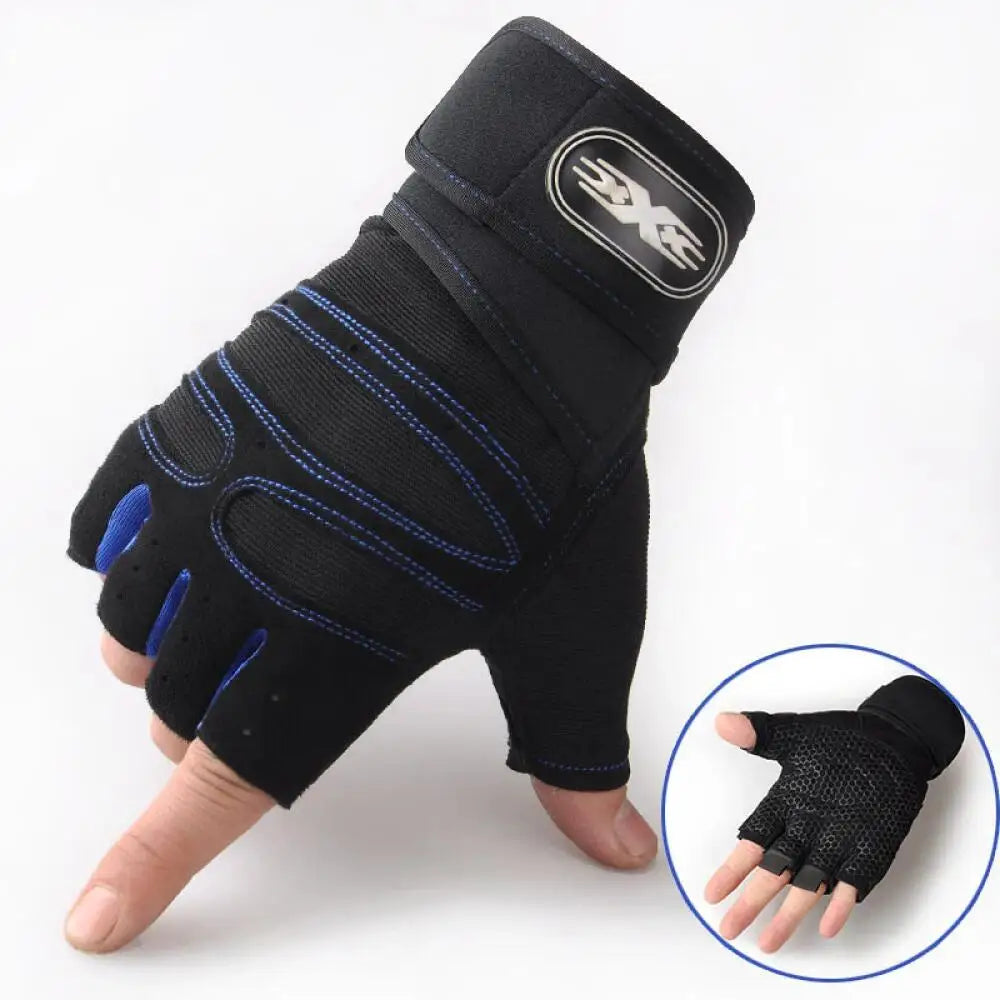 Black half finger wrist guards with blue accents for sports and fitness