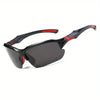 A pair of black and red polarized sport sunglasses viewed from above.