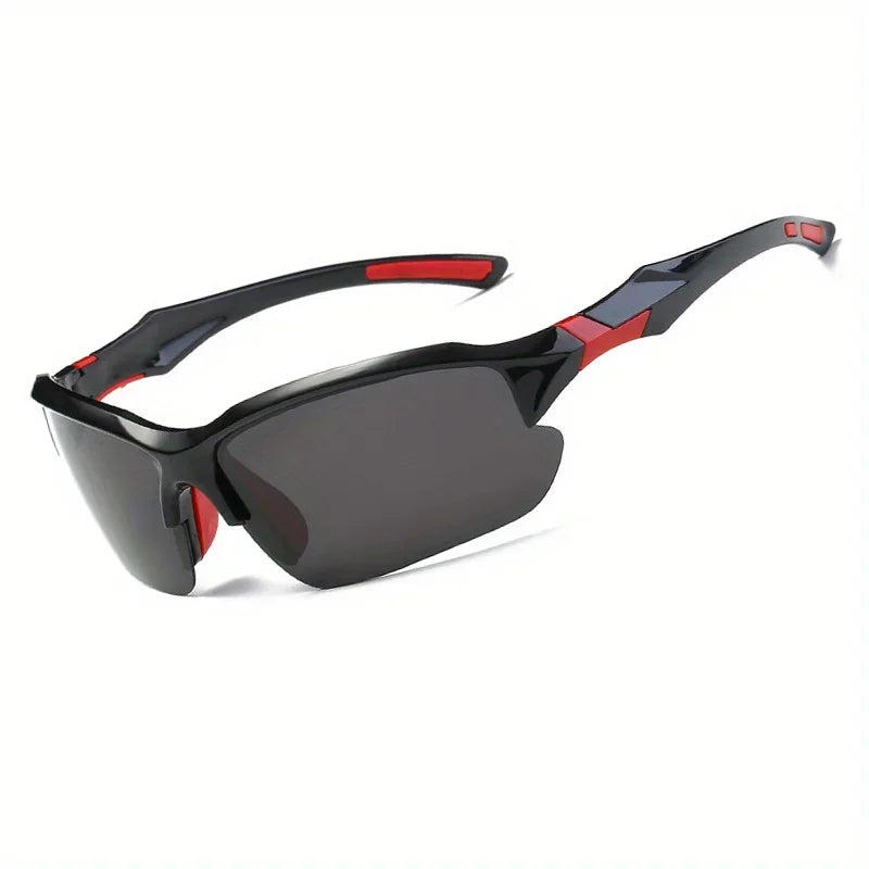 A pair of black and red polarized sport sunglasses viewed from above.