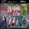 A kit of 94 fishing lures including hard baits, sequins, and various spoons and jigs in a clear plastic box.