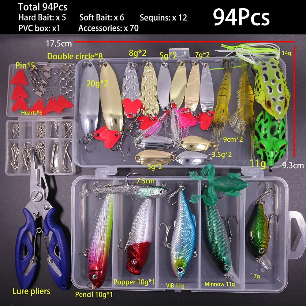 A kit of 94 fishing lures including hard baits, sequins, and various spoons and jigs in a clear plastic box.