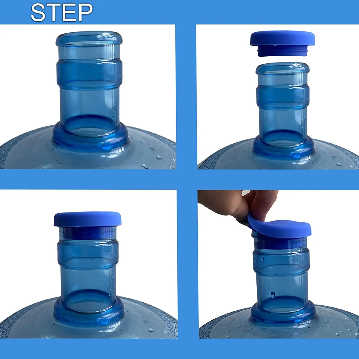 Four images showing reusable silicone water bottle lids being placed onto a clear bottle.