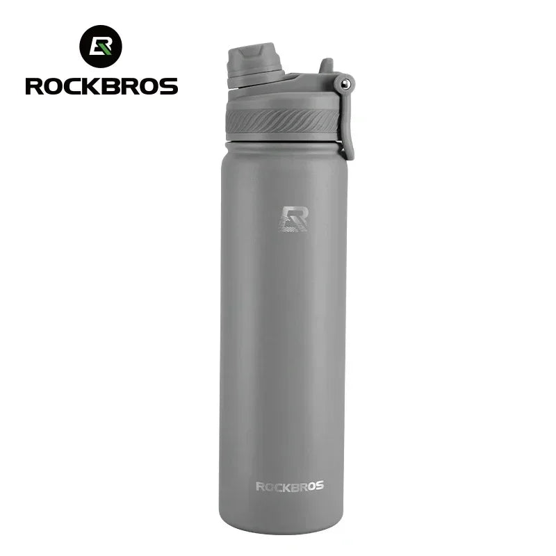 A matte gray insulated stainless steel thermal water bottle with a black cap.