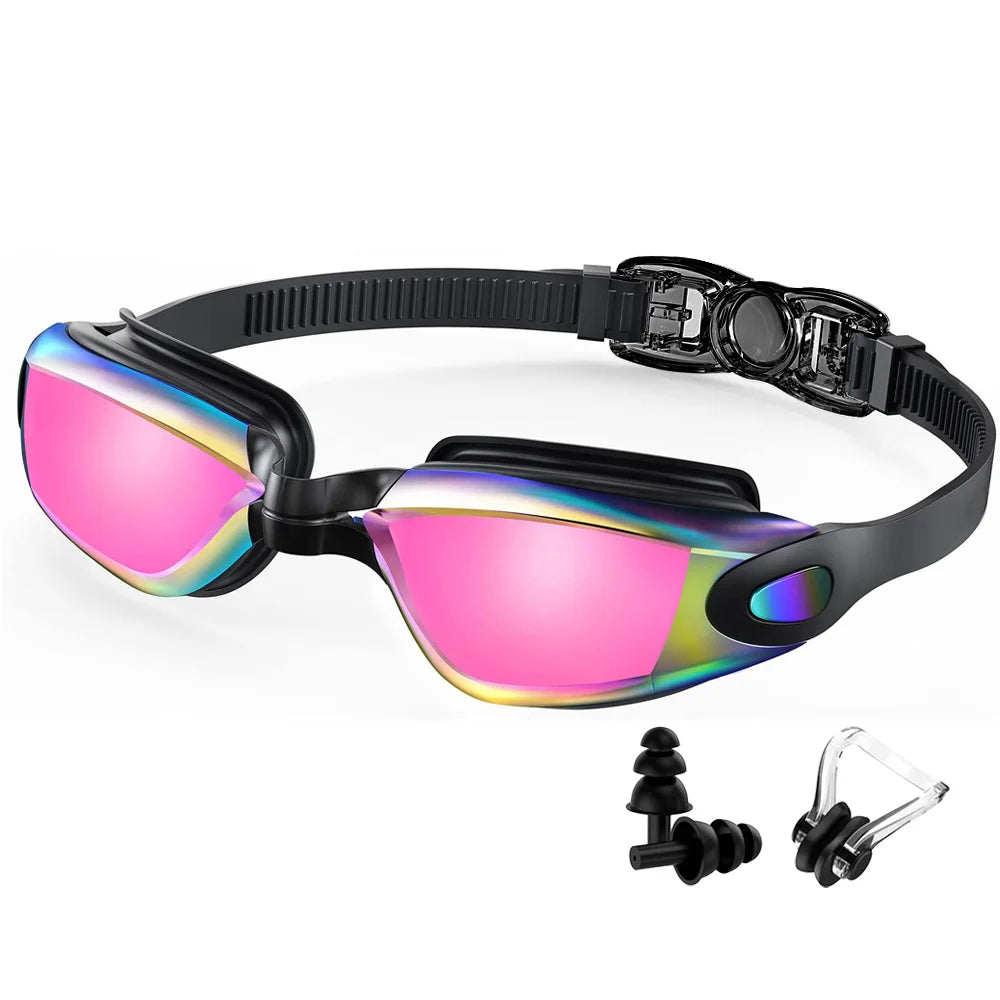 A pair of pink and blue professional anti-fog swimming goggles with a black strap and replacement nose pieces.
