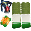 Self-heating lumbar spine patches showing a human silhouette, green patches, and a tooth-shaped heating element.