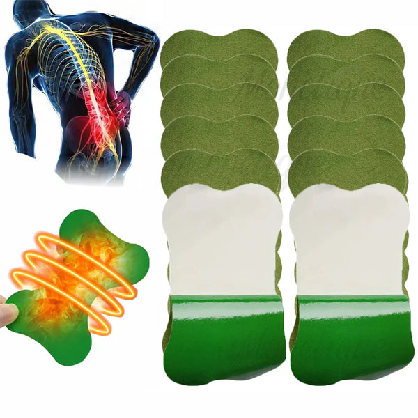 Self-heating lumbar spine patches showing a human silhouette, green patches, and a tooth-shaped heating element.