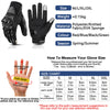 A pair of black motorcycle racing gloves shown with a size chart and details for measurement.