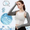 A woman models ice silk sun protection arm sleeves, showing the fabric and fit.