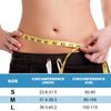 A woman demonstrates the sizing of an adjustable thigh and groin compression brace using a measuring tape on her abdomen.