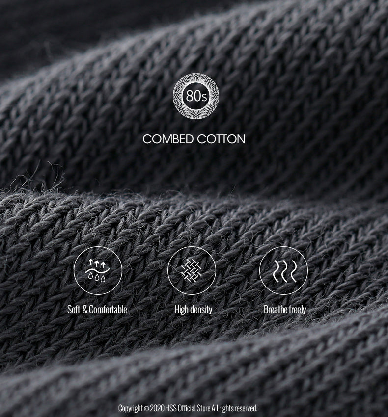 Close-up of dark gray combed cotton socks showing texture and features like softness, high density, and breathability.