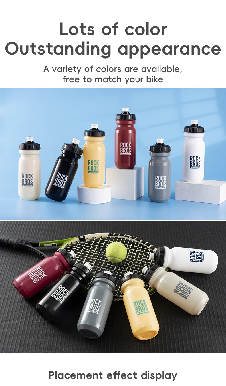 Various colored Rock Bros sports water bottles displayed for placement effect display.