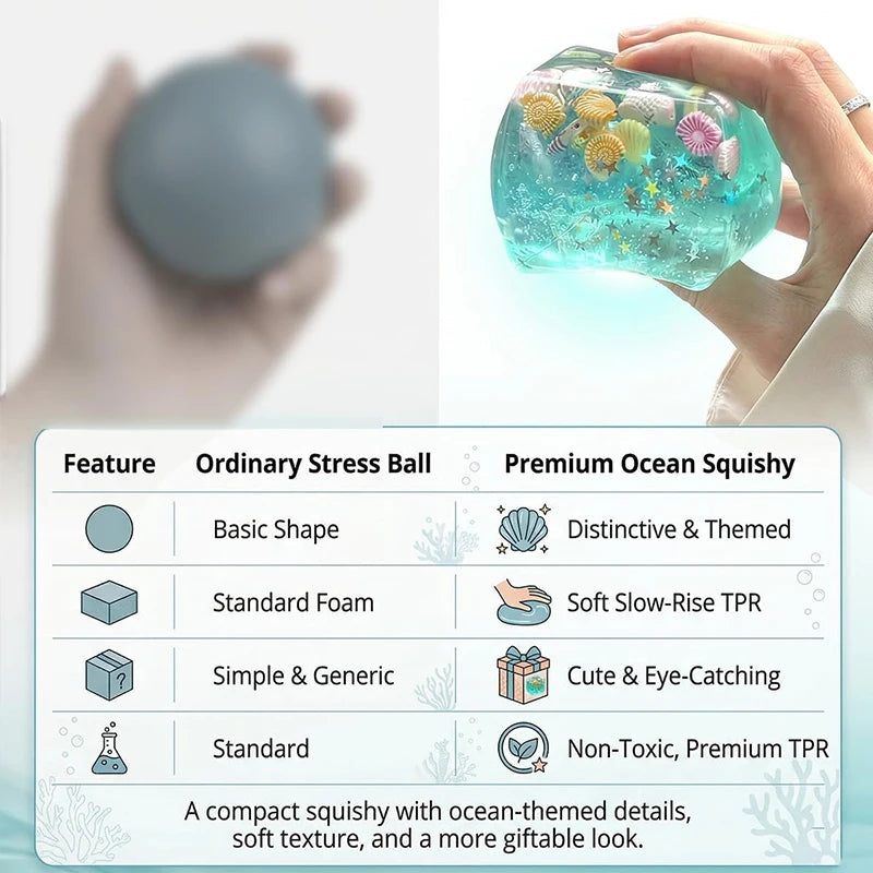 A hand holds a clear blue ocean squishy toy with iridescent details and sea life elements.
