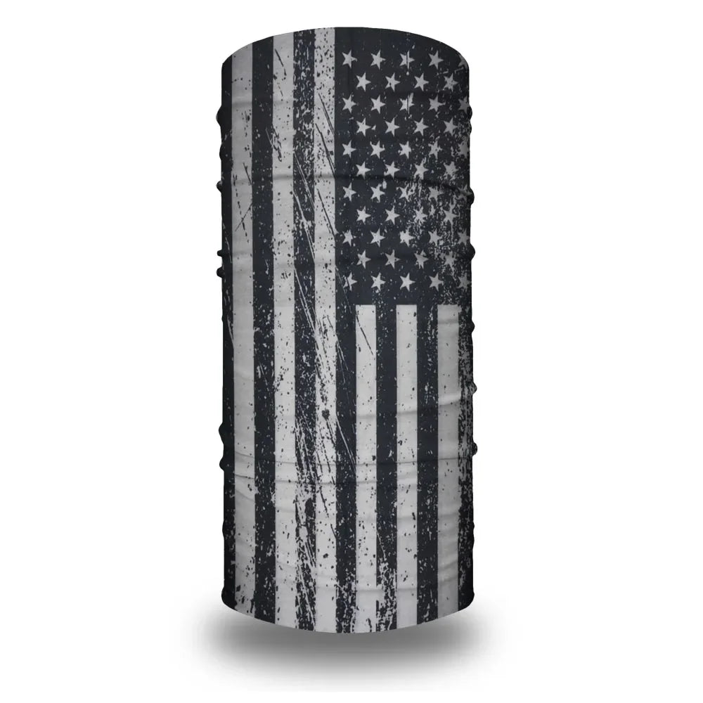 A black and white distressed USA flag tube bandana or head wrap featuring stars and stripes pattern.