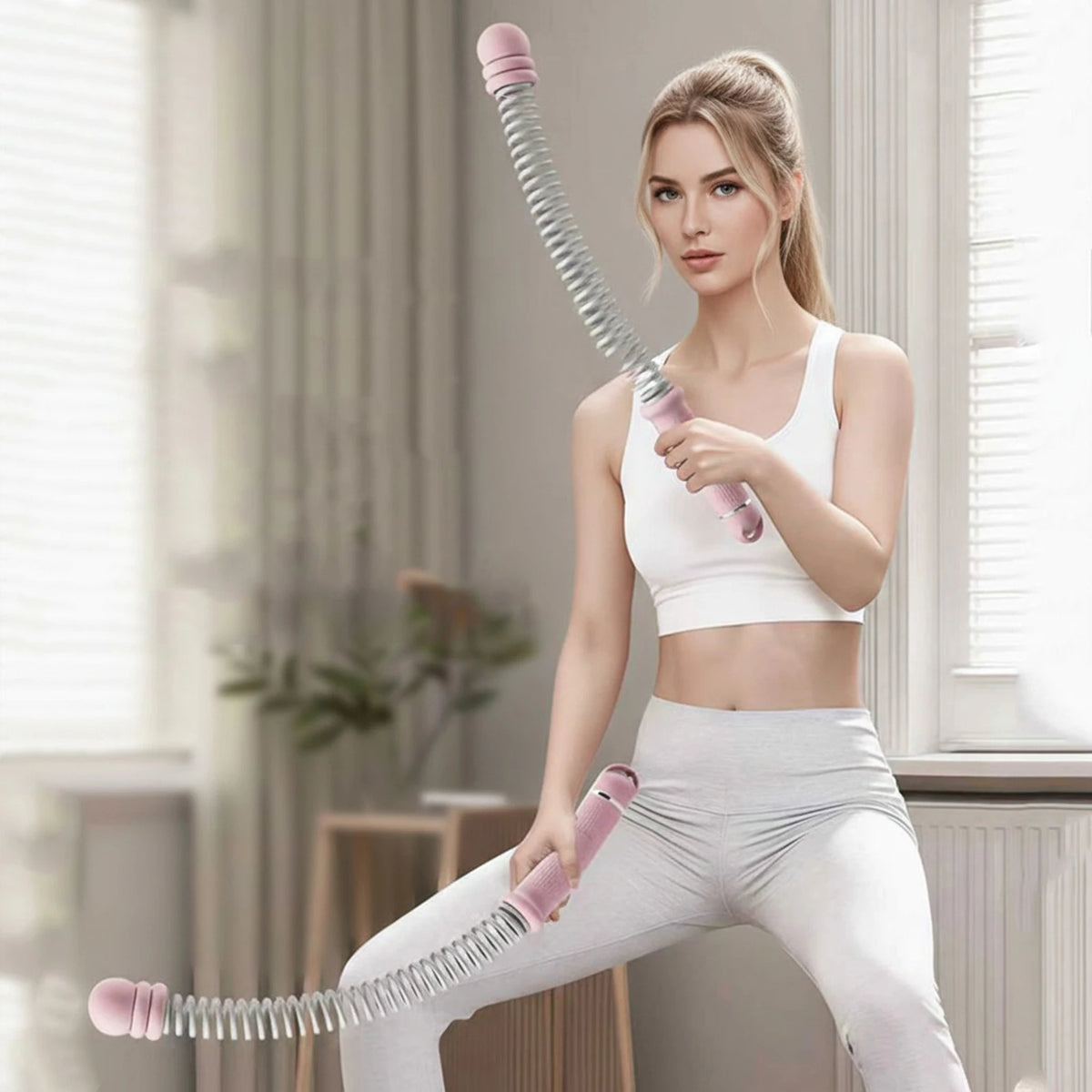 A woman demonstrates using adjustable ropeless battle ropes for home fitness exercise.