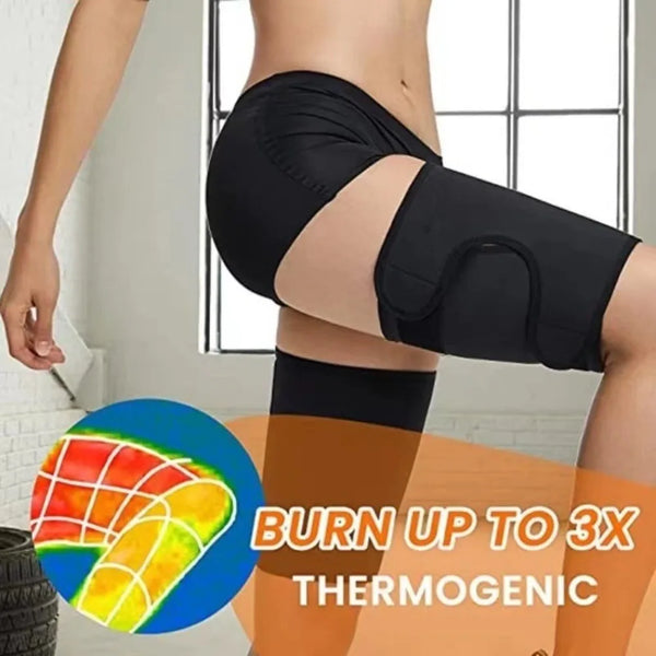 Person wearing black adjustable thigh trimmers, demonstrating fat burning.