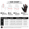 Size chart showing measurements for S, M, L, and XL sizes of tactical touchscreen sports gloves