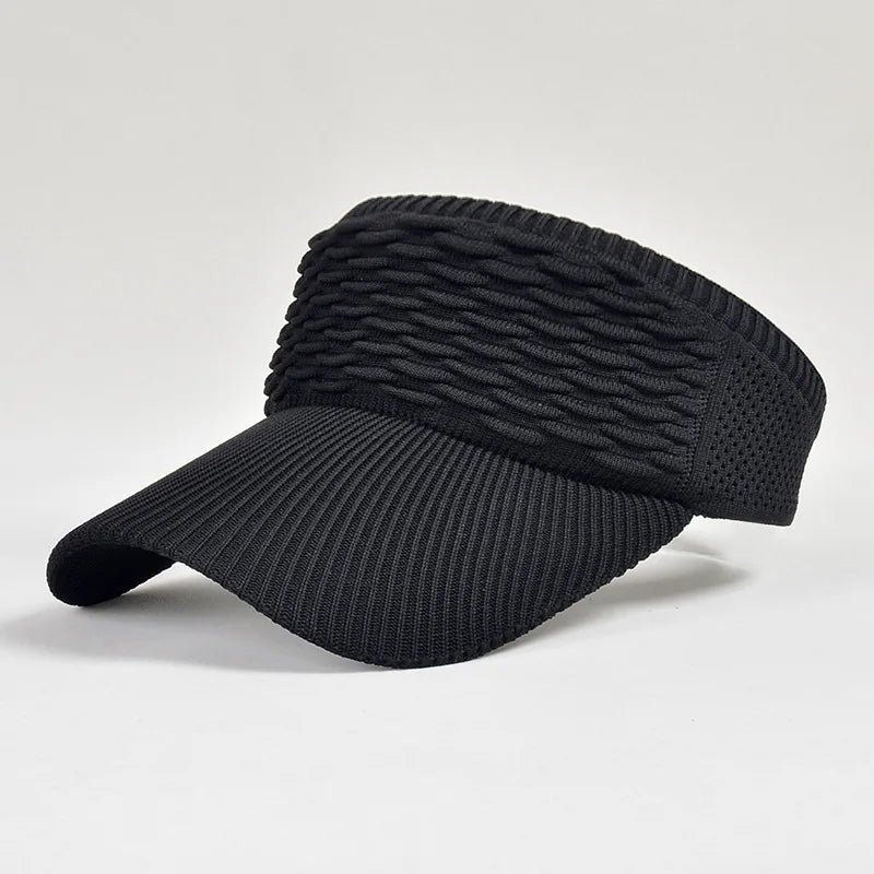 Black knitted breathable anti-UV adjustable sun hat shown from above