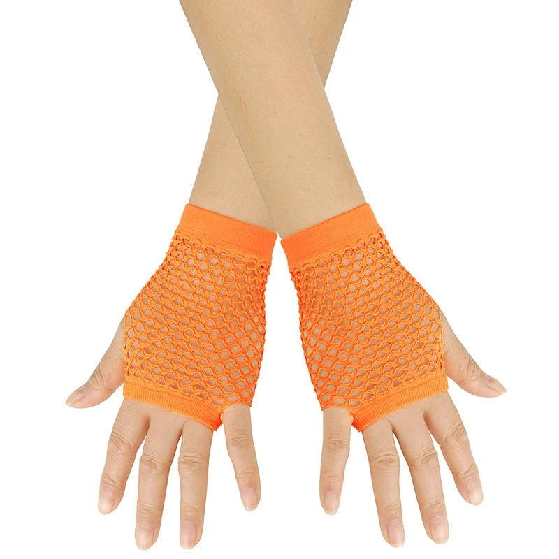 Orange mesh fingerless gloves worn on a hand.