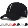 A black embroidered snapback baseball cap featuring white text on the front.