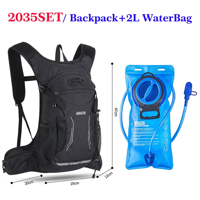 Black hydration backpack with a 2L water bladder and connected tube.