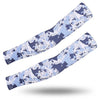 A pair of light blue and white camouflage tactical arm sleeves displayed against a white background.