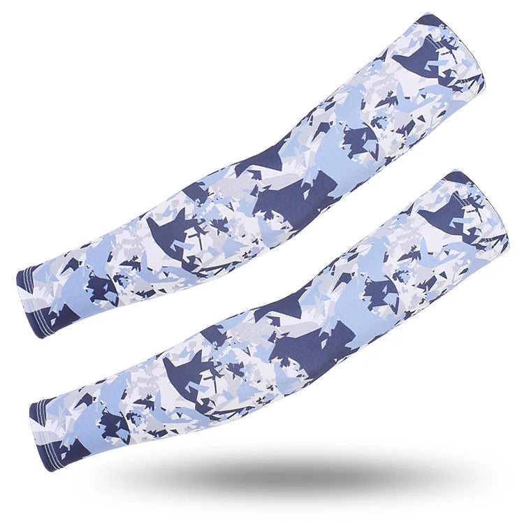 A pair of light blue and white camouflage tactical arm sleeves displayed against a white background.