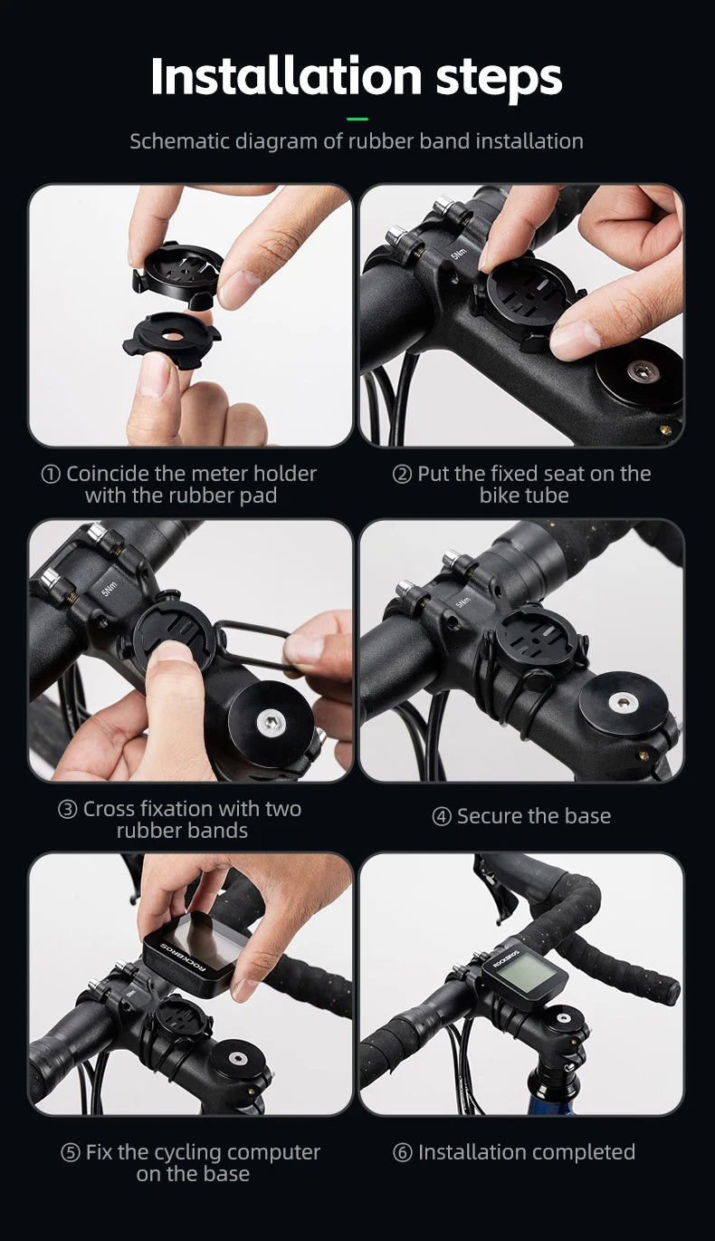 Schematic diagram showing the installation steps for a rubber band on a bike tube using a GPS cycling computer.