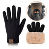 Black knit touchscreen gloves with light brown faux fur cuff and a close-up of the product.