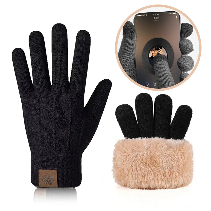 Black knit touchscreen gloves with light brown faux fur cuff and a close-up of the product.