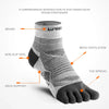 A close-up view of a gray five-finger compression sock highlighting features like arch support, non-slip heel, and toe spread