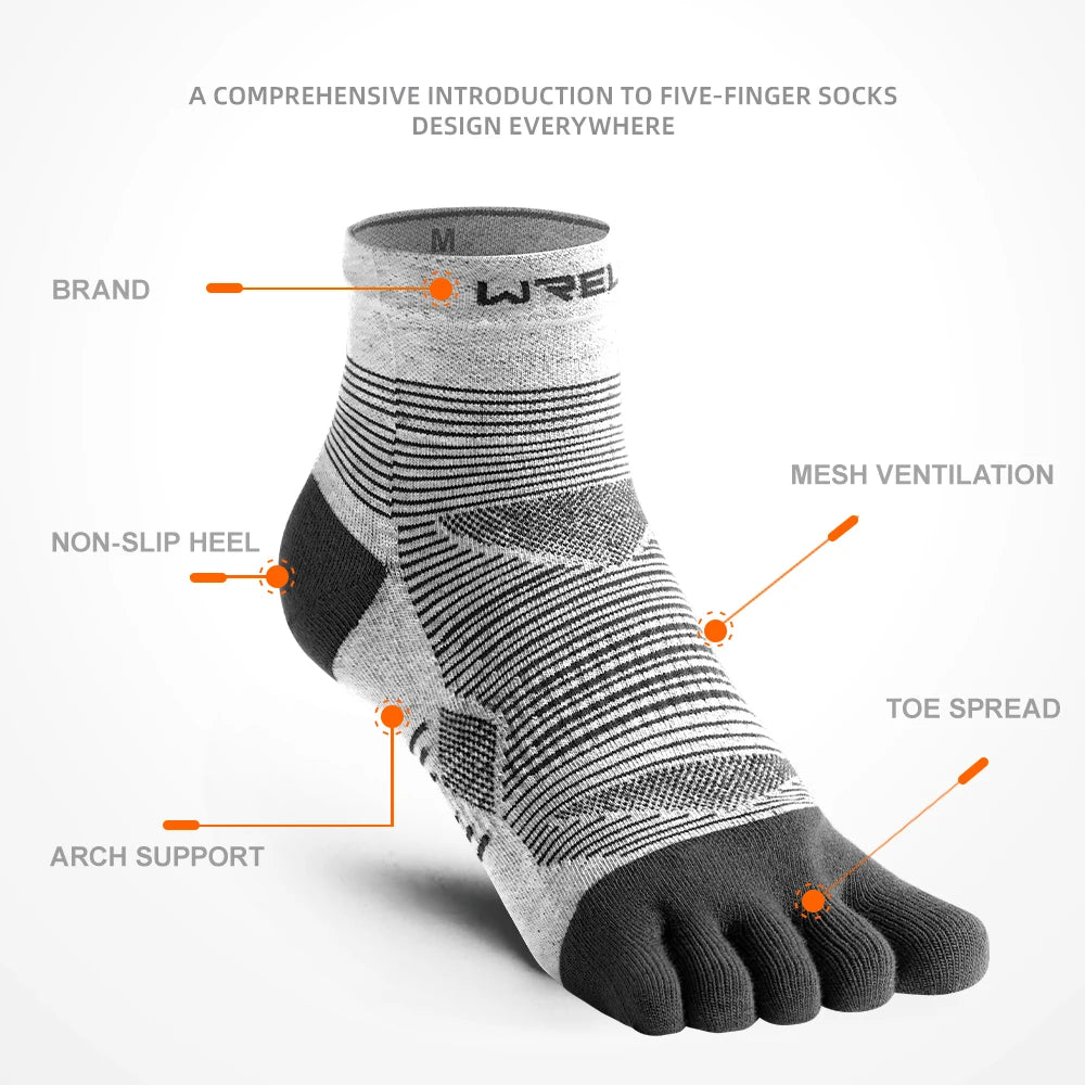 A close-up view of a gray five-finger compression sock highlighting features like arch support, non-slip heel, and toe spread