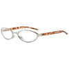 Retro oval sunglasses with a brown and white patterned frame and metal arms