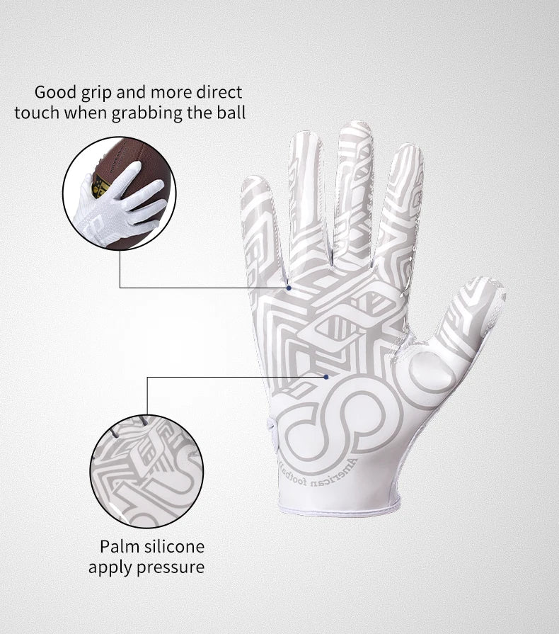 Guantes deportivos de silicona blanca diseñados para buen agarre y contacto directo al agarrar una pelota.