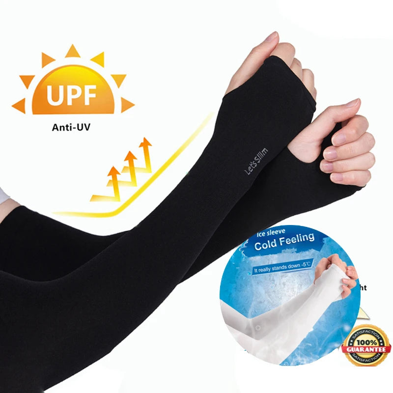 Black ice silk anti-UV arm sleeves being worn on an arm.