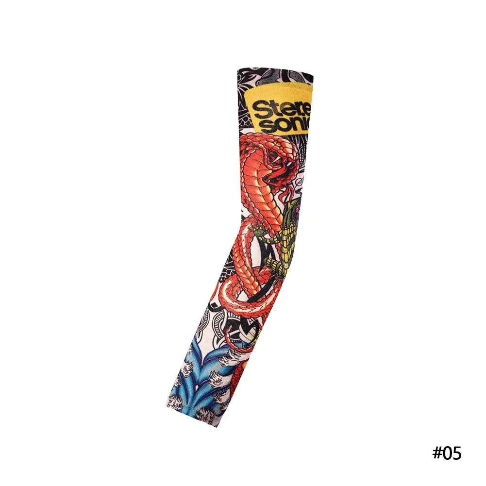 A long, reusable stretch tattoo arm sleeve featuring a colorful design with scales and floral elements.