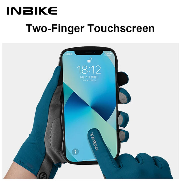 A hand wearing a blue glove is using two fingers to touch a smartphone screen for control.