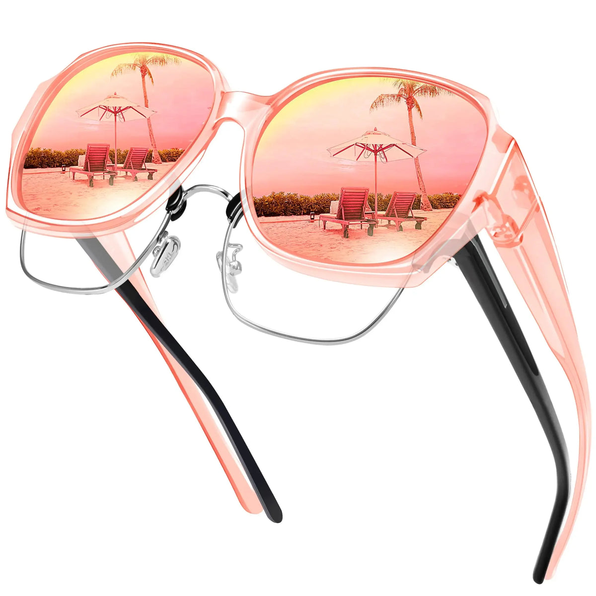 Pink polarisierte Oversized-Sonnenbrille mit tropischem Sonnenuntergang und Palmen