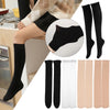 Black opaque thigh high elastic socks for women shown on a model's leg and in various lengths