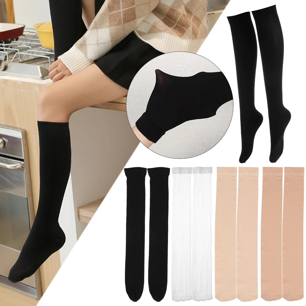 Black opaque thigh high elastic socks for women shown on a model's leg and in various lengths