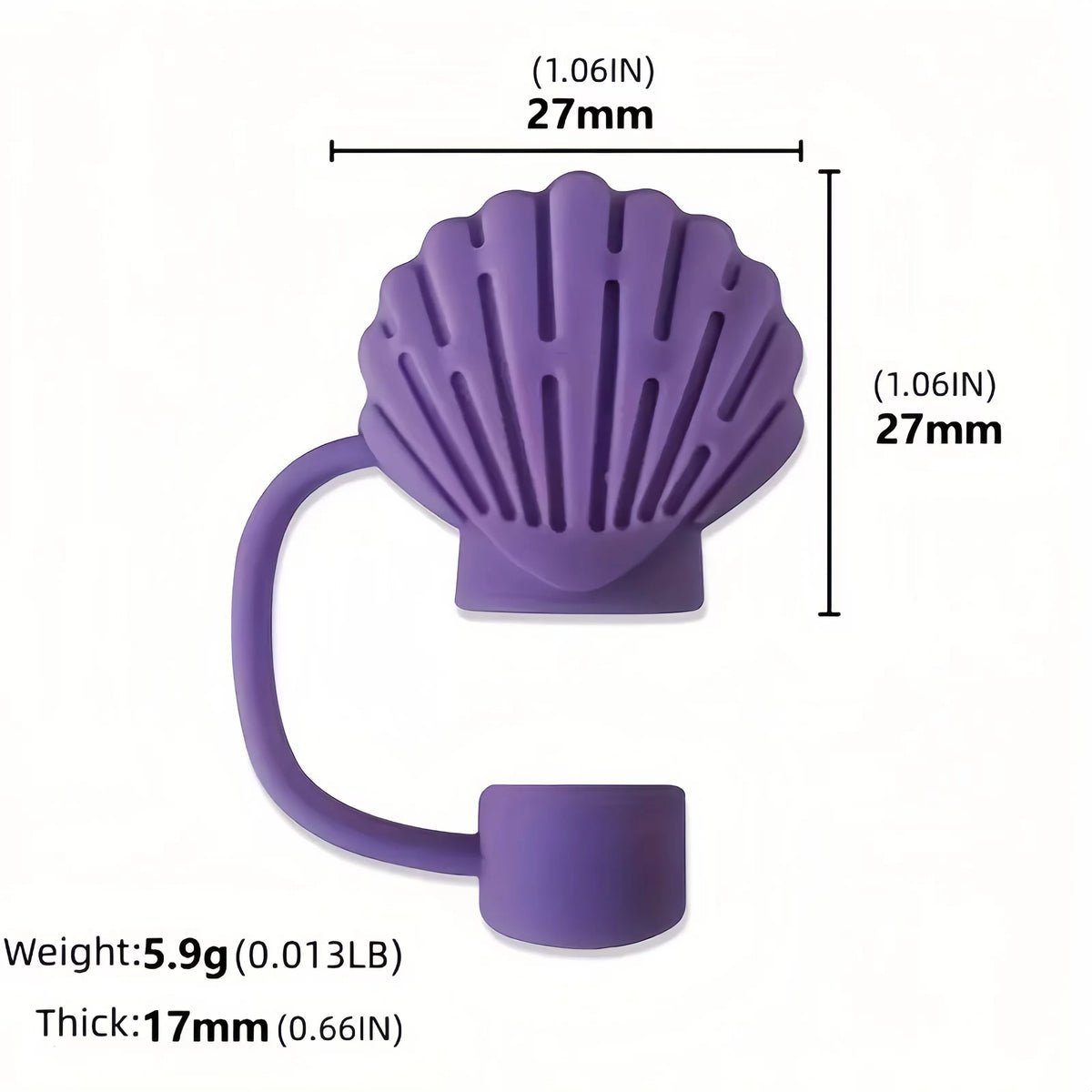 Purple silicone straw cover shaped like a seashell for tumblers and water bottles