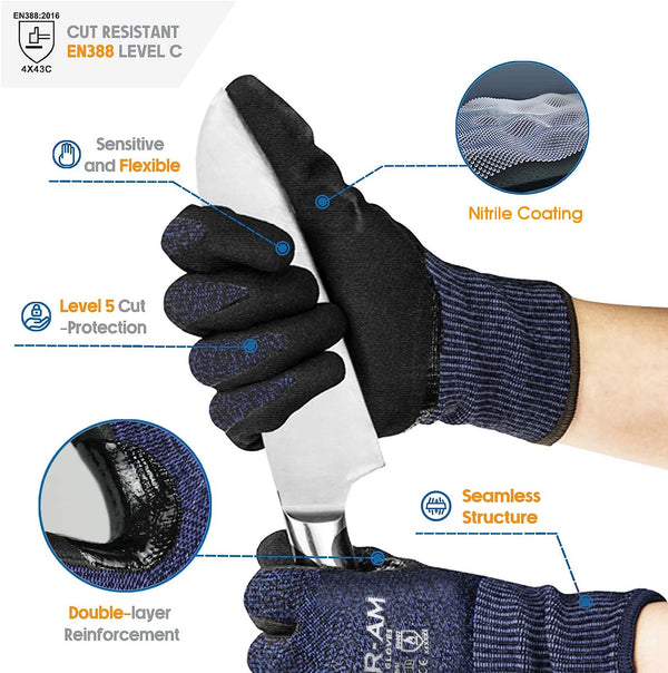 A close-up of a black cut-resistant nitrile glove showing features like double-layer reinforcement and a seamless structure.