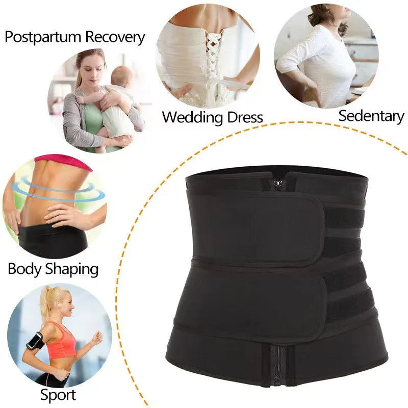 Black body shaping waist trainer fitness belt shown in various contexts including post-partum recovery, wedding dress, and sp