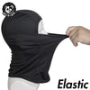 Black elastic balaclava face mask being held by a hand on a white mannequin.