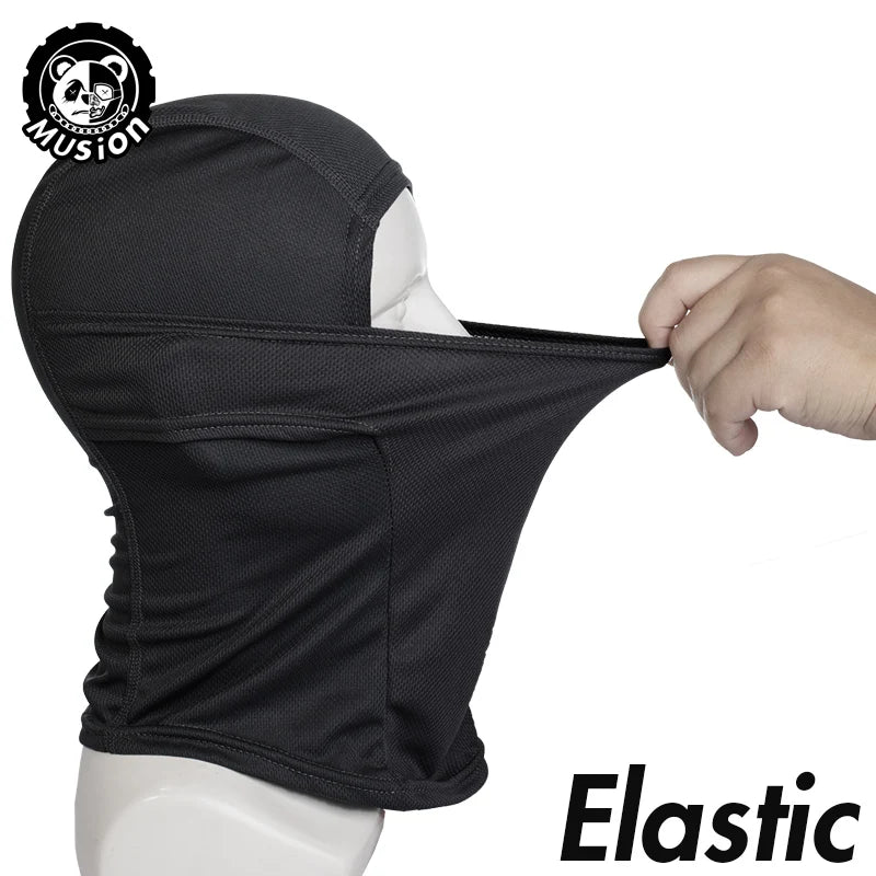 Black elastic balaclava face mask being held by a hand on a white mannequin.