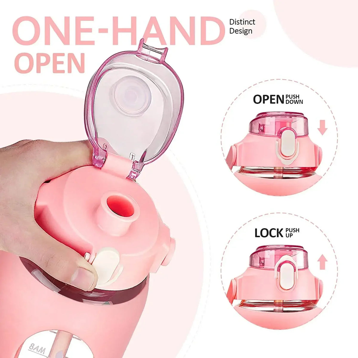 Eine Hand öffnet eine pinke wiederverwendbare Glasflasche mit Strohhalm, die Einhand-Öffnen-und-verschließen-Funktion demonst